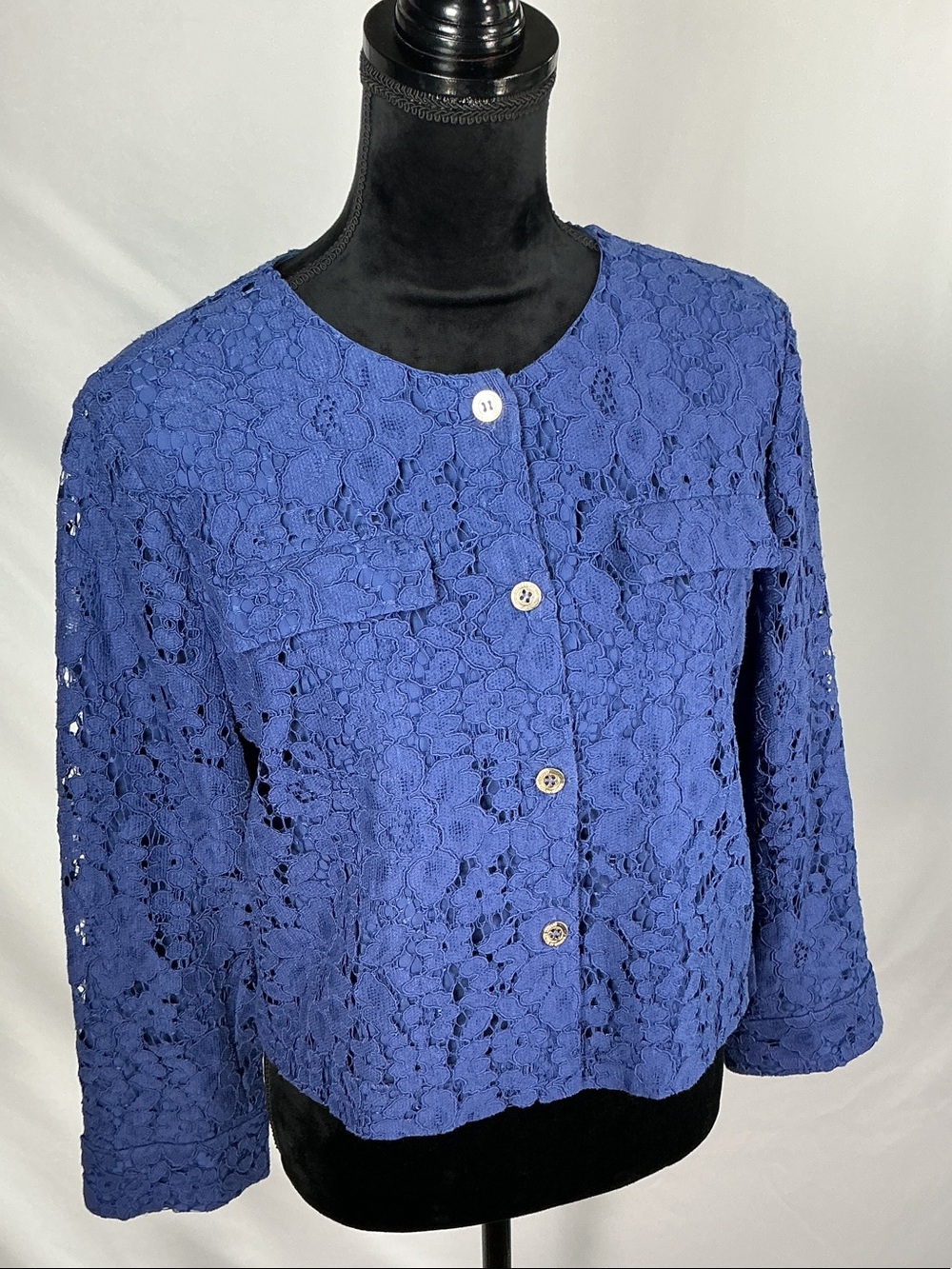 Chico's Black Label Lace Cropped Blazer Jacket Size 1 M Medium 8 Creekside Blue - Picture 3 of 16